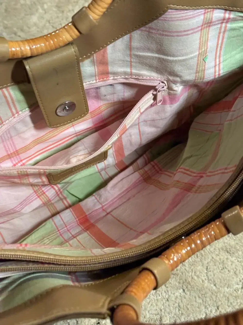 Vintage Fossil Woven Straw and Tan Leather Handbag with Bamboo Handles